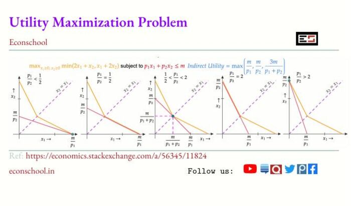 Postcard from the Econ Artbook: the Utility Maximization Problem with five cases of the price ratio.